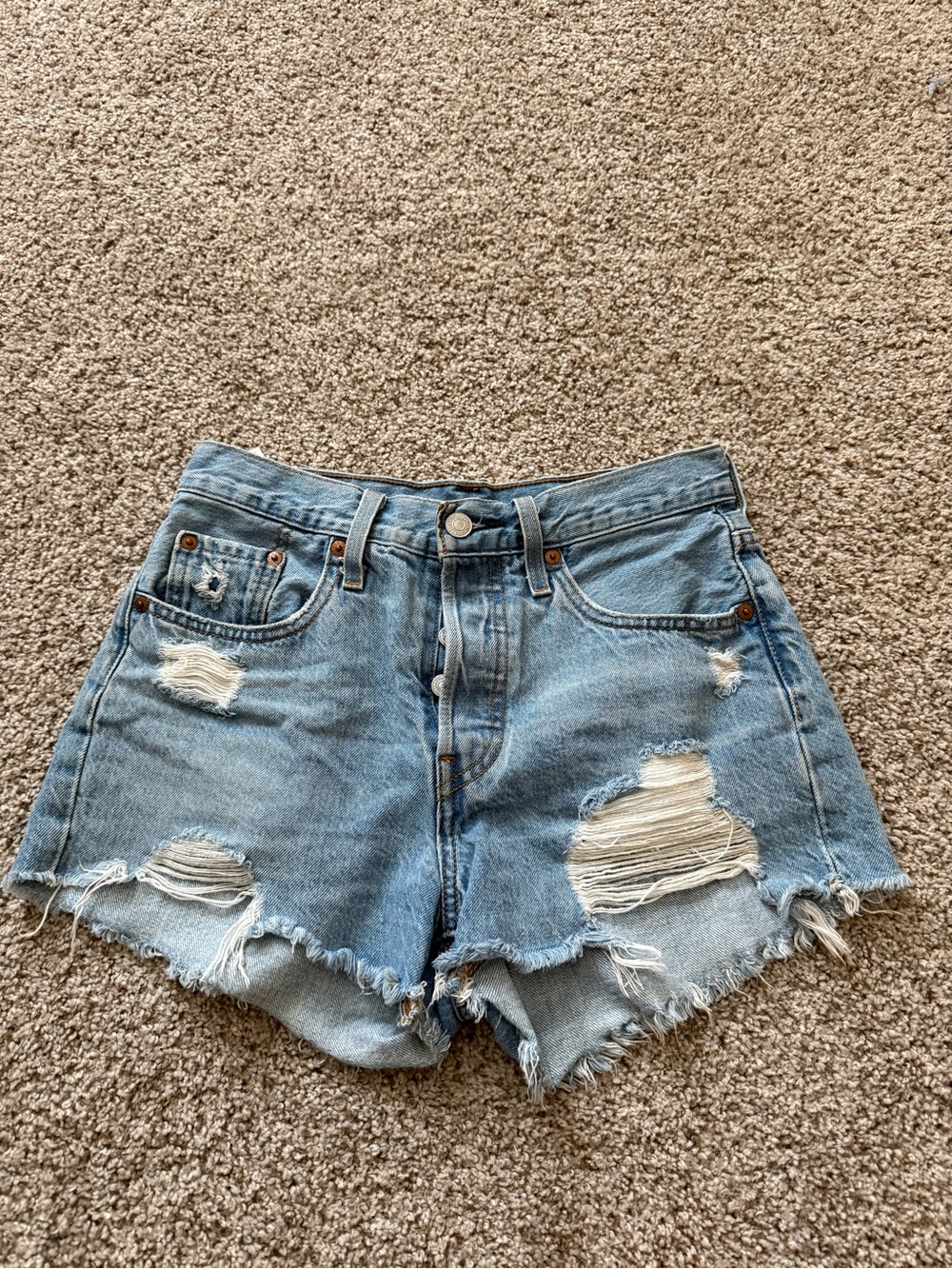Levi's Light Blue Distressed High-Rise Denim Shorts